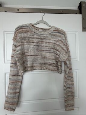 Cropped Striped Knit Sweater - Cream & Brown